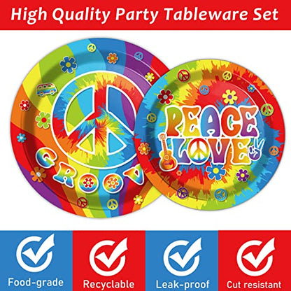 96 PCS 60’s Party Hippie Tableware Set Groovy Plates Napkins 60s Hippie Themed Decorations Peace Love Tie Dye Style 70s Disposable Paper Tableware Birthday Party Supplies Favor for 24 Guests - style: 60s Hippie