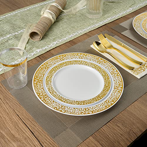 FOCUSLINE 175 Ct Gold Dinnerware Set for 25 Guests, Plastic Plates with Gold Lace Rim Design, Including 25 Disposable Dinner & Dessert Plates, Cups, Napkins, Cutlery Set - color: Gold Dinnerware Set