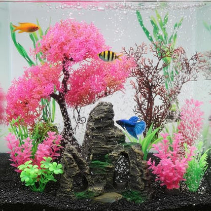 Suncalla 16 Pcs Aquarium Decor Artificial Plastic Plants Bulk Decorations Cave Rock Pink Cherry Blossom Tree Goldfish Betta Fish Tank Decorations Hides Accessories for Household Office Fish Tank