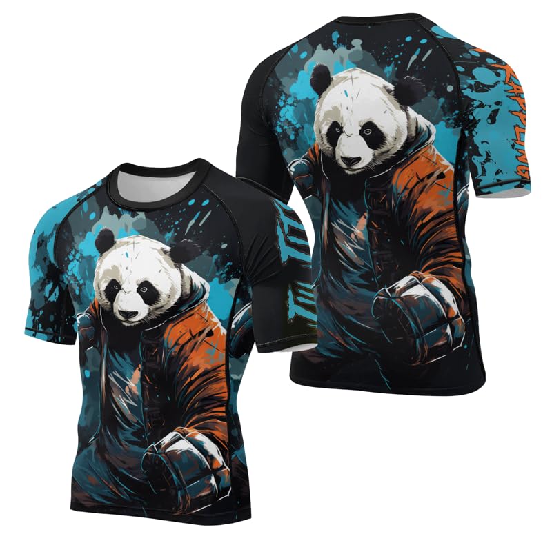 Panda Fighter Men's Short Sleeve Compression Rash Guard MMA Jiu Jitsu BJJ Grappling Base Layer Combat Shirt - color: V3, size: 3X-Large