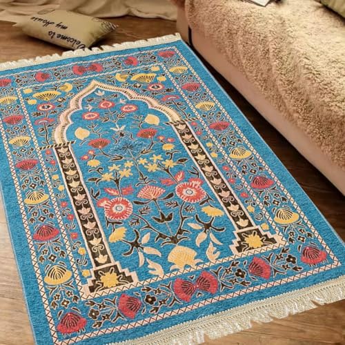 Muslim Prayer Rug, Soft Plush Thin Islamic Prayer Mat, Travel Janamaz, Sajada Tassel Praying Carpet, Ramadan Eid Hajj Gift - color: Blue