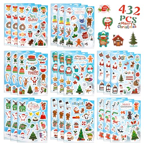 Christmas Stickers, Christmas Crafts Stickers, 432 PCS Self-Adhesive Winter Holidays Sticker Xmas Decorative Sticker Labels Stocking Stuffers for Xmas Gifts Party Favors Supplies - color: Green Red-christmas