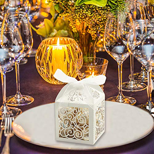 KPOSIYA 100 Pack Wedding Favor Boxes Laser Cut Boxes Party Favor Box Small Gift Boxes Lace Candy Boxes for Wedding Bridal Shower Baby Shower Birthday Party Anniverary with Ribbons (White, 100) - color: White 100