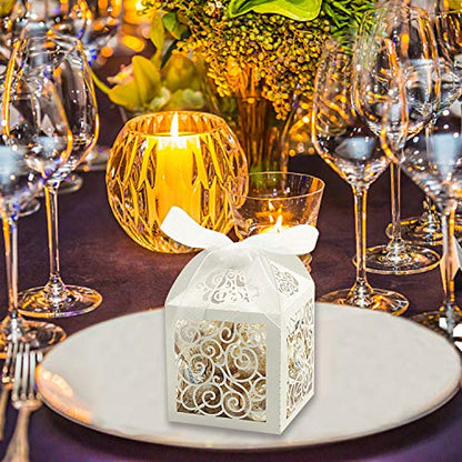 KPOSIYA 100 Pack Wedding Favor Boxes Laser Cut Boxes Party Favor Box Small Gift Boxes Lace Candy Boxes for Wedding Bridal Shower Baby Shower Birthday Party Anniverary with Ribbons (White, 100) - color: White 100