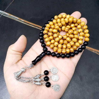 ALBASHAN Tasbih men Natural Beech Wood with Onyx 99/100 Beads misbaha Muslim Prayer Beads Ramadan Eid Gift - size: 8mm x 100 beads