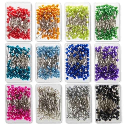 Juvale Sewing Pins with Colored Ball Heads - 1200 Pieces, 12 Colors, 1.5 in Length - Stainless Steel Ball Head Pins for Fabric, Quilting & Dressmaking - Bulk Sewing Pack