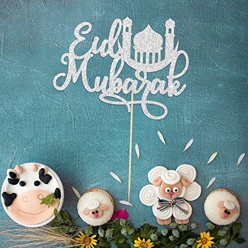 1 Pack Eid Mubarak Cake Topper Silver Glitter Moon Star Hajj Mubarak Eid Cake Picks Islamic Muslim Eid Mubarak Festival Ramadam Kareem Party Cake Decorations Supplies - color: Silver-4
