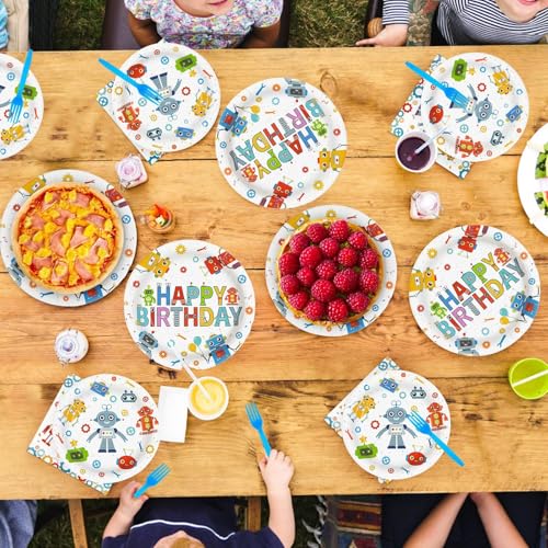 Grencian 96Pcs Robot Birthday Party Supplies Robot Themed Plates and Napkins Disposable Tableware Set for Boys Kids Birthday Party Baby Shower Decorations Serves 24 - style: Robot Theme Birthday Party Tableware Set