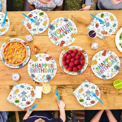 Grencian 96Pcs Robot Birthday Party Supplies Robot Themed Plates and Napkins Disposable Tableware Set for Boys Kids Birthday Party Baby Shower Decorations Serves 24 - style: Robot Theme Birthday Party Tableware Set