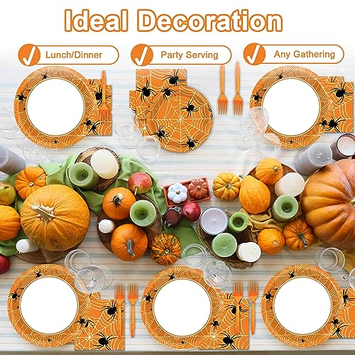 100 Pcs Spiderweb Party Plates and Napkins - Black and White Halloween Tableware Set for 25 Guests - style: Halloween Spider Web