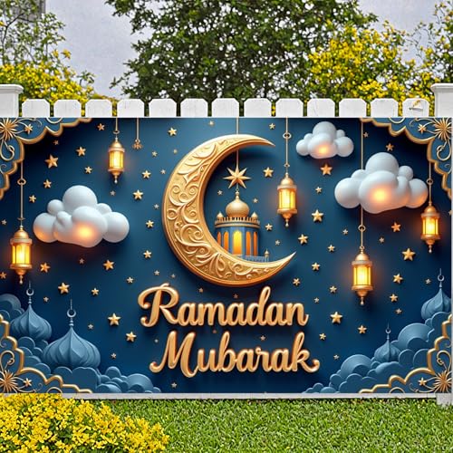 Ramadan Islamic Festival Crescent Moon Lantern Decoration Mosque Scene Mubarak Display Crescent Moon Starry Pattern Banner Islamic For Home Decoration Mosque Event