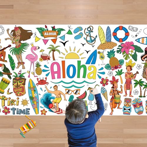 OHOME Hawaiian Giant Coloring Poster/Tablecloth - Luau Day Decorations - Jumbo Coloring Banner Crafts Gifts Activities Accessories Decor Party Decorations - style: Hawaiian