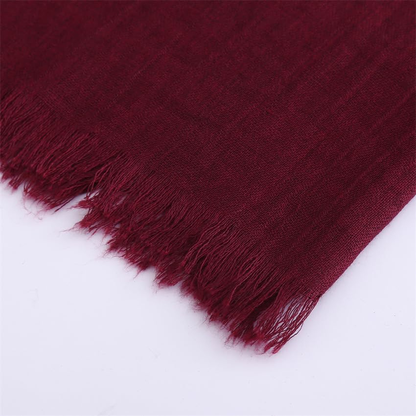 Solid color cotton and linen scarf, wrinkled all season versatile long sunscreen fashionable shawl - color: Jujube Red