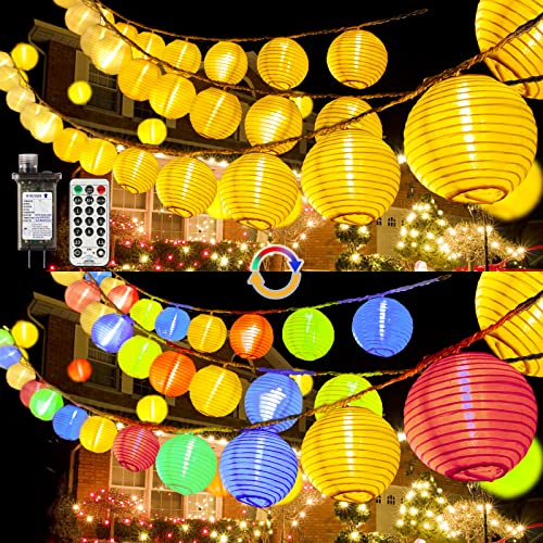StarryEver Outdoor Patio Lights Plug in, 65.6Ft Connectable Warmwhite & Multicolor Hanging Lantern String Lights with Remote Timer 80LED Outdoor String Lights Waterproof for Garden Backyard Fences - size: 65.6ft warm white+colorful
