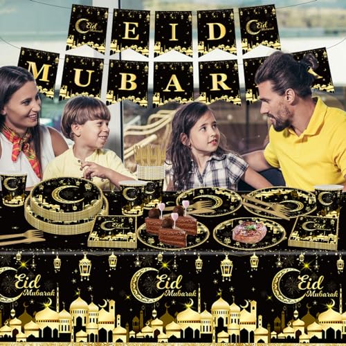 98PCS Eid Mubarak Party Supplies Black and Gold Ramadan Tableware Set Ramadan Mubarak Paper Plates and Napkins Eid Mubarak Party Decorations Eid Al-fitr Party Disposable Dinnerware Set for 16 Guests - style: Eid Mubarak