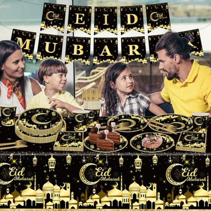 98PCS Eid Mubarak Party Supplies Black and Gold Ramadan Tableware Set Ramadan Mubarak Paper Plates and Napkins Eid Mubarak Party Decorations Eid Al-fitr Party Disposable Dinnerware Set for 16 Guests - style: Eid Mubarak