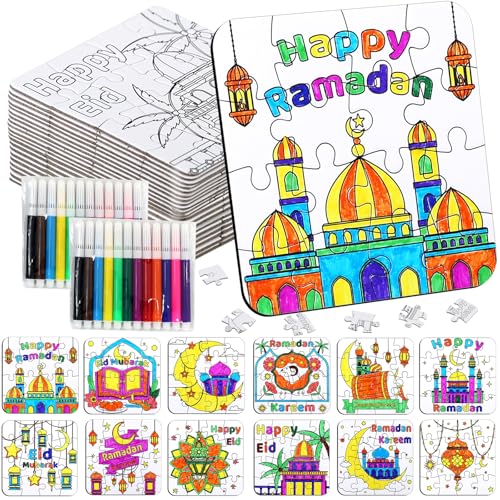 24 Pcs Ramadan Crafts for Kids, Eid Mubarak Arts and Crafts DIY Puzzle with Lanterns, Stars, Masjid, Moon, Castles, Ramadan Eid Activities Painting Kits for Islamic Gifts Party Favors & Goodies Bulk - color: Ramadan Eid Colorful