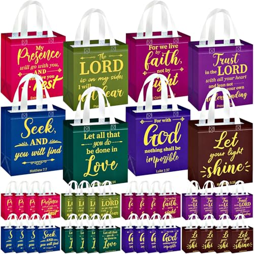 HunnmingRe Christian Gift Bags Bulk, Reusable Flower Religious Bible Verse Tote with Handles Non Woven Scripture Pastor Blessing Gift for Baptism Church Wedding Favors(32 Pcs,Mixed) - style: Mixed