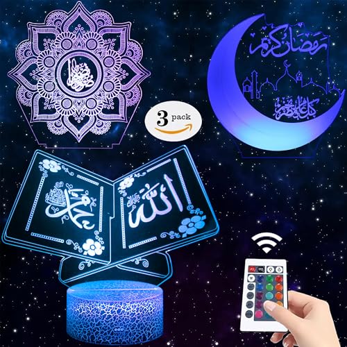 3pcs Muslims Night Lights - 3D Illusion Lamp Set with Moon Castle, Quran Book, Flower Designs - 16 Changeable Colors with Remote and Touch Control Ramadan Islamic Gifts for Kids Friends Home Deco