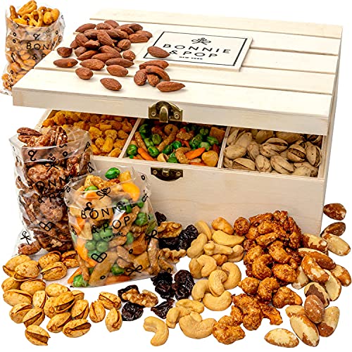 Nut Gift Basket | Healthy Gift of Assorted Nuts in Reusable Wood Crate | Large Variety Tray with Unique Flavors |Fathers Day, Parties, Holidays, Birthday, Sympathy, Office, Thank You, Him, Her | Bonnie & Pop - style: Deluxe