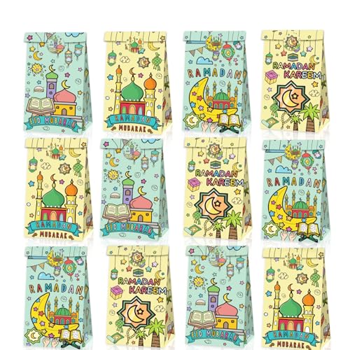 YVAINE 12-Pack Eid Mubarak Goodie Bags with Stickers - Ramadan Candy Treat Bags 8.7x4.7x3.2 Inches, Double-Sided Printed Colorful Paper Gift Bags with Stars, Moons & Lanterns Design for Eid Party Favors, Classroom Gifts, Holiday Celebrations
