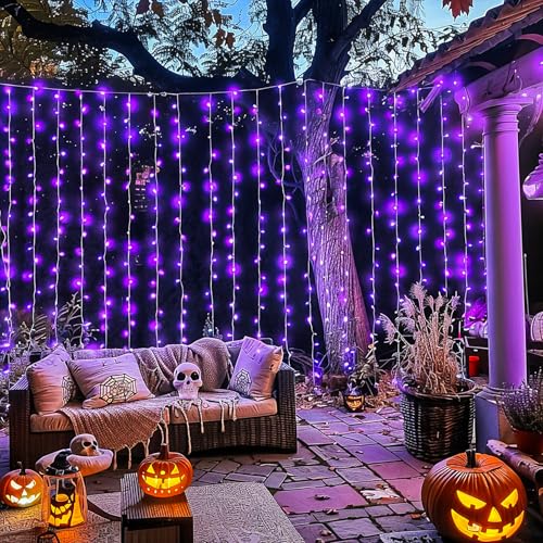 JMEXSUSS 300LED Purple Halloween Lights, 9.8x9.8ft Curtain Lights Plug in - color: Purple, size: 300 LED
