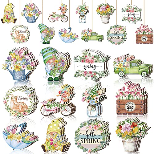 36 Pcs Spring Flower Ornaments Tree Wooden Decoration Floral Tags - style: Flowers