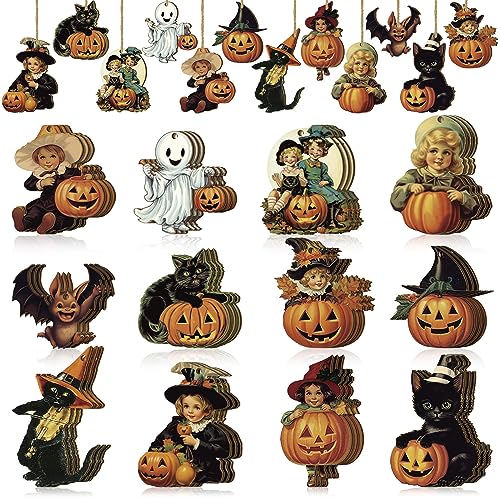 36 Pcs Halloween Wooden Ornaments Vintage Pumpkin Cat Witch Tags - style: Pumpkin