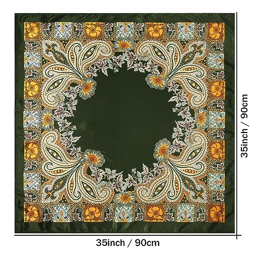 AWAYTR 35” Large Satin Square Head Scarf - 2Pcs Silk Like Floral Head Scarves Square Satin Hair Scarf Bandanas for Women - color: Cashew(yellow+green)