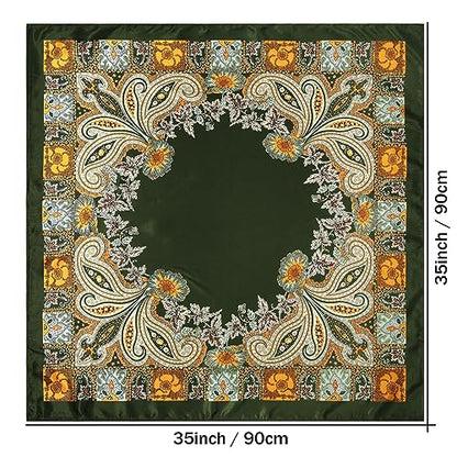 AWAYTR 35” Large Satin Square Head Scarf - 2Pcs Silk Like Floral Head Scarves Square Satin Hair Scarf Bandanas for Women - color: Cashew(yellow+green)