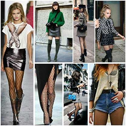E-Laurels Womens High Waist Patterned Fishnet Tights Suspenders Pantyhose Thigh High Stockings Black - color: Black 4 Pairs