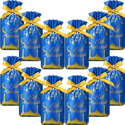 72 Pcs Eid Mubarak Gift Bags Plastic Treat Bags Drawstring Bags Eid Candy Goodie Bags Castle Moon Star Snack Wrap Bags for Eid Party Decorations Favors, 9.05 x 5.91 x 2 Inches