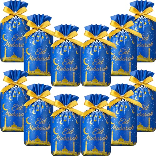 72 Pcs Eid Mubarak Gift Bags Plastic Treat Bags Drawstring Bags Eid Candy Goodie Bags Castle Moon Star Snack Wrap Bags for Eid Party Decorations Favors, 9.05 x 5.91 x 2 Inches