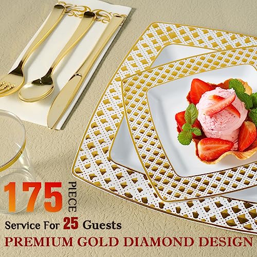 FOCUSLINE 175 Ct Gold Dinnerware Set for 25 Guests - Square Plastic Plates with Diamond Rim, Including 25 Disposable Dinner & Dessert Plates, Napkins, Cups, Cutlery - color: Gold Diamond Rim Plates