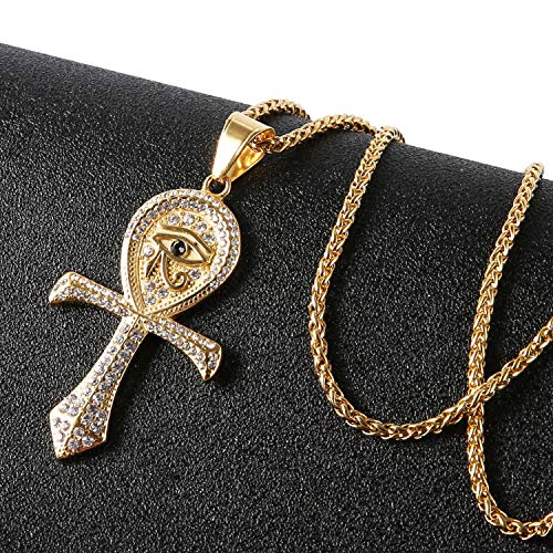 HZMAN CZ Eye of Horus Egypt Protection Pendant Coptic Ankh Cross Religious Stainless Steel Necklace - color: Gold