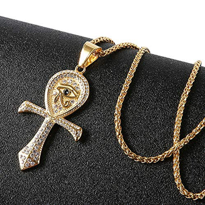 HZMAN CZ Eye of Horus Egypt Protection Pendant Coptic Ankh Cross Religious Stainless Steel Necklace - color: Gold