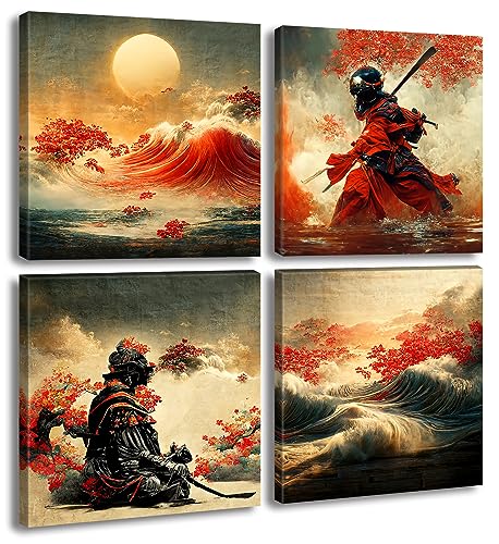 Samurai Canvas Wall Art Decor 4Piece Asian Japanese Home Office Living Room | Vintage Canvas Textured Finish|Solid Wood Inner Frame Crafted|Fade-Resistant Ink Technology|Hook Attached, Ready to Display - color: Samurai