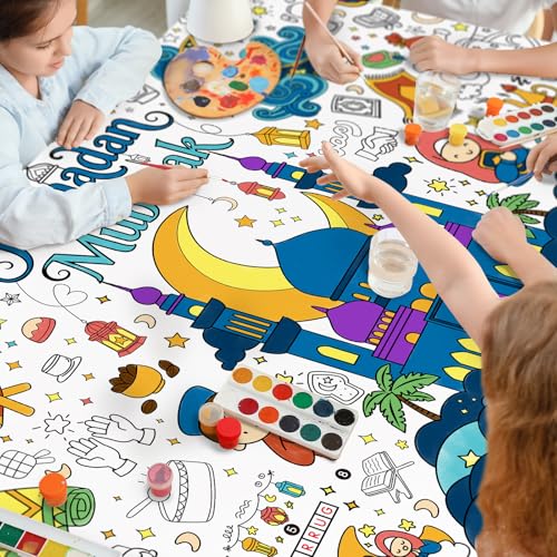 Gatherfun 라마단 활동 포스터 및 홈 데코 - 70.9 x 182.9cm(31.5 x 72인치) 이드 무바라크 장식용 컬러링 배너/테이블 커버, 학교 파티 및 라마단 장식용 - style: 라마단