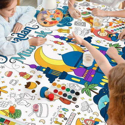 Gatherfun 라마단 활동 포스터 및 홈 데코 - 70.9 x 182.9cm(31.5 x 72인치) 이드 무바라크 장식용 컬러링 배너/테이블 커버, 학교 파티 및 라마단 장식용 - style: 라마단