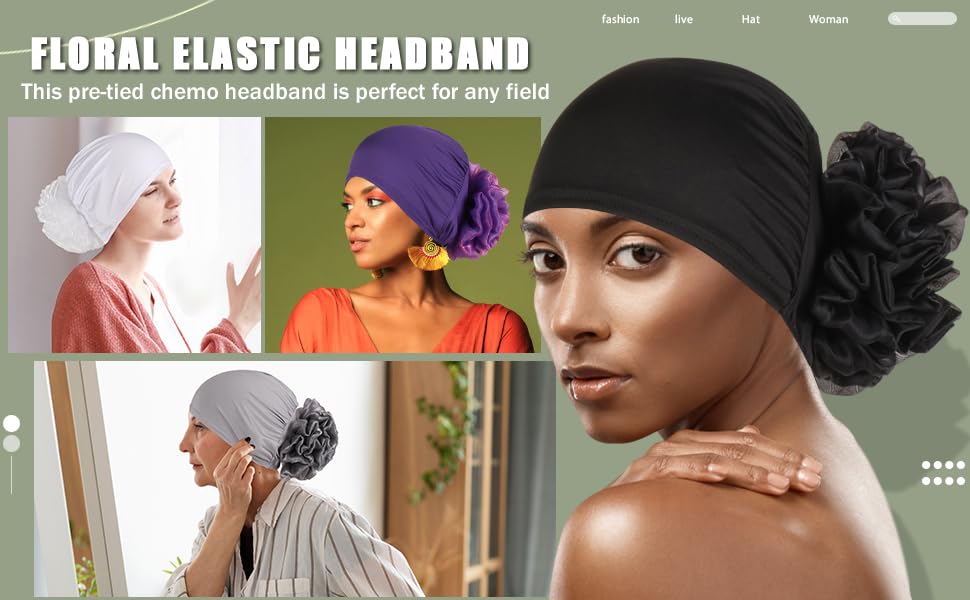 Women Flower Elastic Turban Beanie Head Scarf wrap Chemo Cap hat for Cancer Patient - color: Black