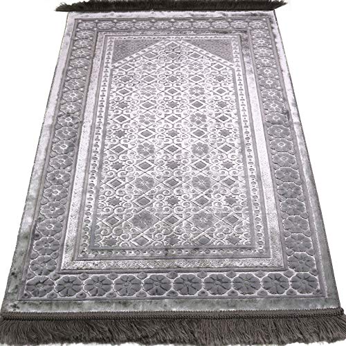 Modefa Velvet Prayer Rug - Soft Plush Turkish Janamaz Sajada Carpet for Men and Women - Plain Solid Prayer Mat Ramadan Eid Gift - with Prayer Beads - Luxury Floral Stamp (Silver Grey) - color: Silver Grey