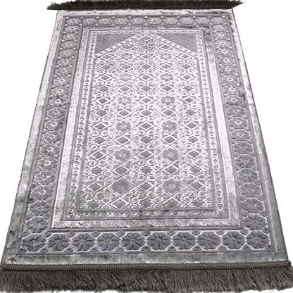 Modefa Velvet Prayer Rug - Soft Plush Turkish Janamaz Sajada Carpet for Men and Women - Plain Solid Prayer Mat Ramadan Eid Gift - with Prayer Beads - Luxury Floral Stamp (Silver Grey) - color: Silver Grey