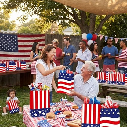 LAOREI 12 Pcs 4th of July Gift Bags with Handles, Patriotic Paper Goodie Sacks, Red White Blue American Flag Treat Bags for Independence Day Party, Memorial BBQ, Veterans Event, Birthday - color: Red White Blue