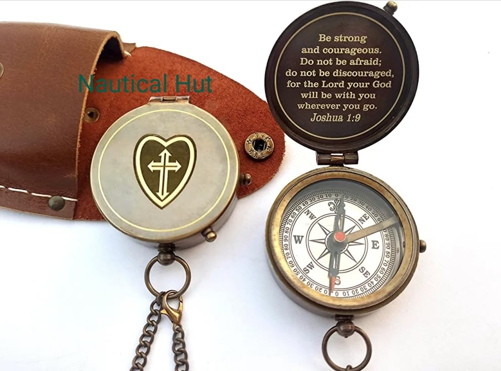 Be Strong and Courageous for The Lord Engraved Brass Antique Compass with Leather Case - Joshua 1:9 Brass Pocket Compass Camping & Hiking Compass for Birthday, Anniversary, Graduation, Baptism (X)