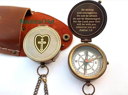 Be Strong and Courageous for The Lord Engraved Brass Antique Compass with Leather Case - Joshua 1:9 Brass Pocket Compass Camping & Hiking Compass for Birthday, Anniversary, Graduation, Baptism (X)