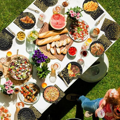 150 PCS Black and Gold Paper Plates Napkins Forks Party Supplies Serves 50, Golden Dot Disposable Paper Dinnerware 9" Plates for Birthday, New Years Eve, Graduation, Retirement Party - color: Black Gold (Serves 50)