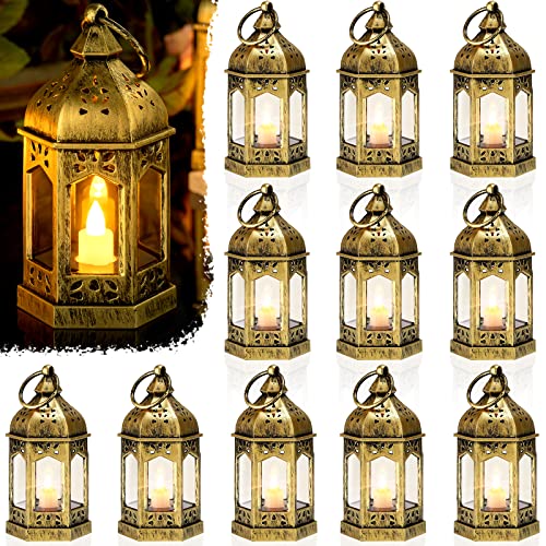 Cunhill 12 Pieces Mini Lanterns with Flickering LED Candle Vintage Decorative Hanging Candle Lanterns for Ramadan Wedding Decorations Party Table Centerpiece, Battery Included(Gold) - color: Gold