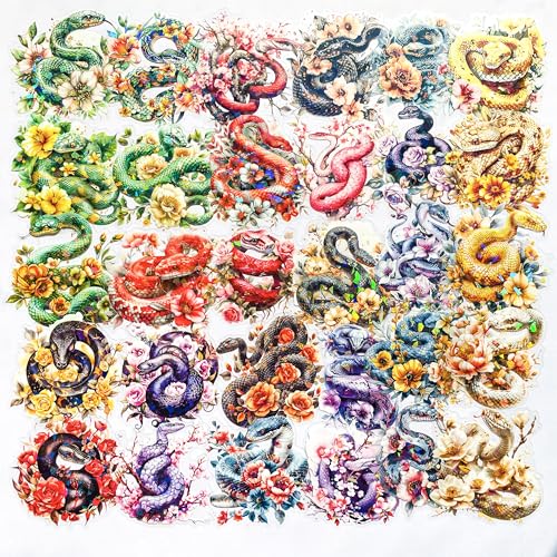 30-Pack Large Holographic Floral Snake Reptile Clear Scrapbook Stickers – Vibrant Serpent Decals with Flowers for Journals, Laptops, Water Bottles, Resin Art Projects - color: Floral Snake