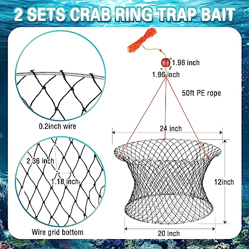 Windyun 2 Sets Crab Trap Bait Wire Grid Bottom Crab Nets Foldable Fishing Net Hand Casting Cage with Harness and Bait Clip - color: Black