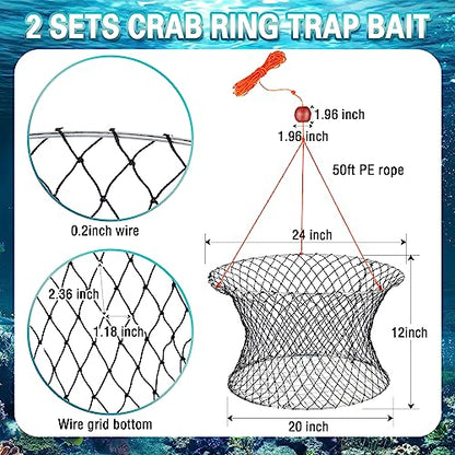 Windyun 2 Sets Crab Trap Bait Wire Grid Bottom Crab Nets Foldable Fishing Net Hand Casting Cage with Harness and Bait Clip - color: Black
